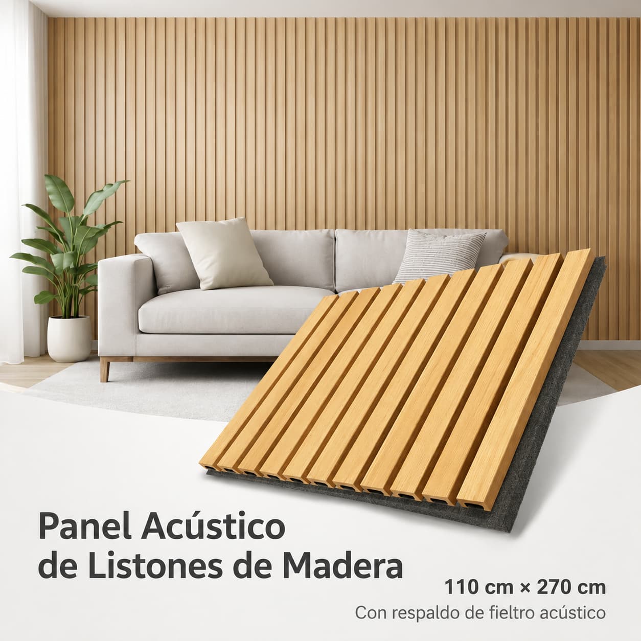 Panel Acústico de Listones de Madera Premium – 270 × 110 cm