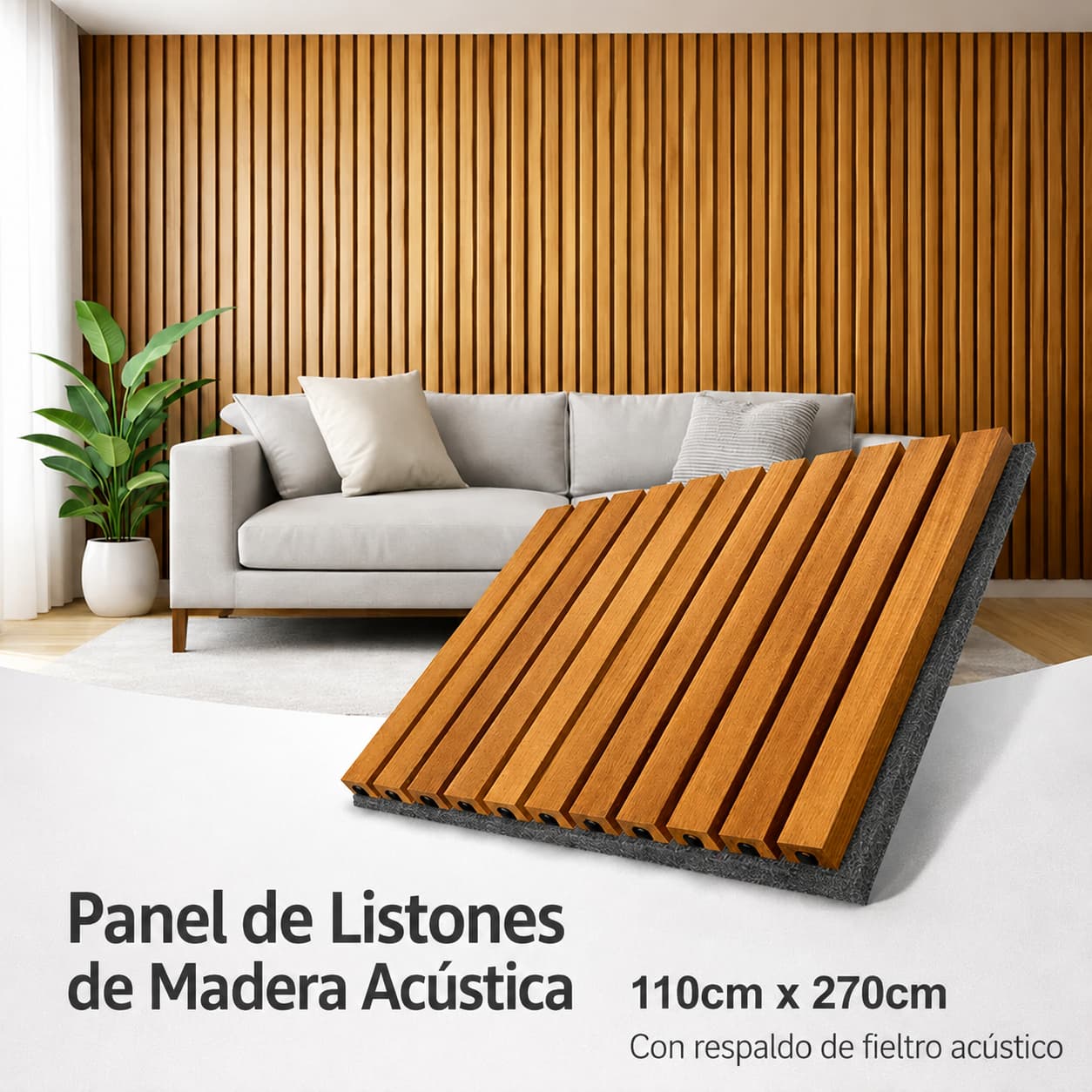 Panel Acústico de Listones de Madera Premium – 270 × 110 cm