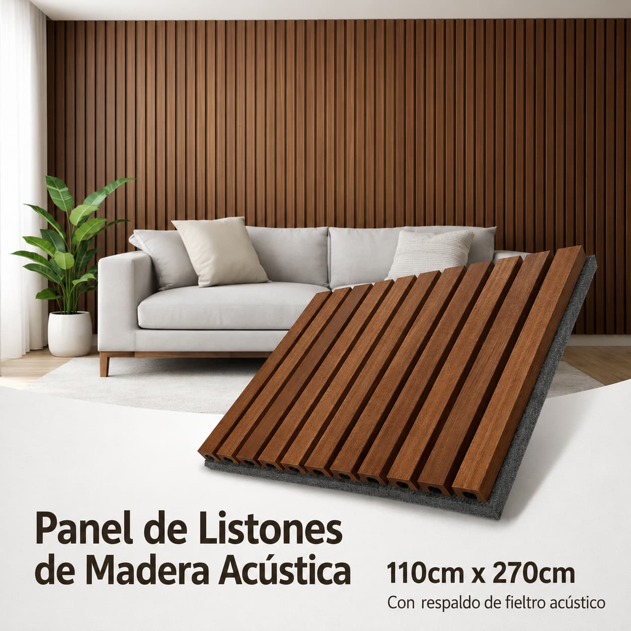 Panel Acústico de Listones de Madera Premium – 270 × 110 cm